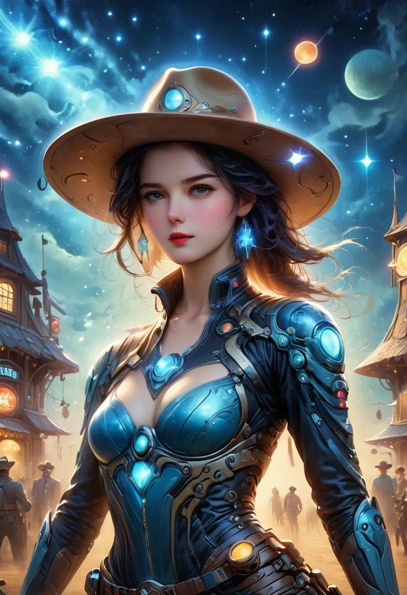 Aliens in cowboy suits in interstellar taverns,Wearing a stylish cowboy hat,Futuristic starry sky background,Alien Technology,Mechanical Cowboy,Mechanical Tavern