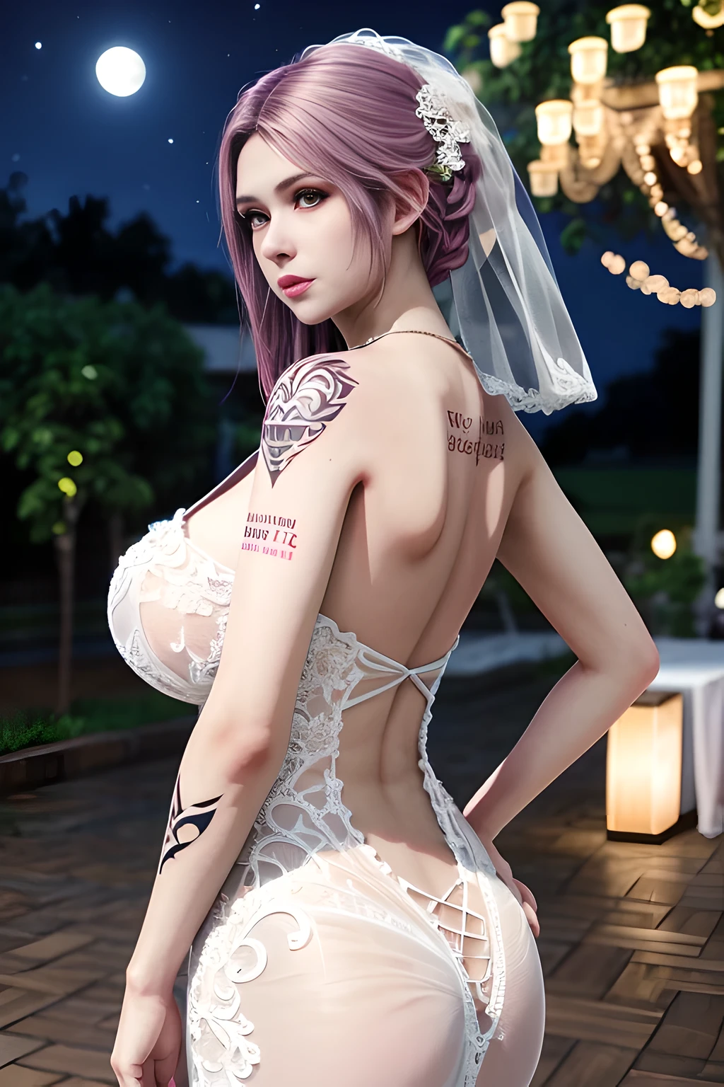 1 girl,standing posture,(( Backless Wedding Dress, see-through)), outdoor,elegant,nighttime,moonlighe,shiny skin,( huge breasts:1.1), lip gloss,( tattoos:1.3), masterpiece, best quality, realistic ,Surrealism,,Rich artistic colors, 8K,soft shadows,Portrait art,solo, elise,