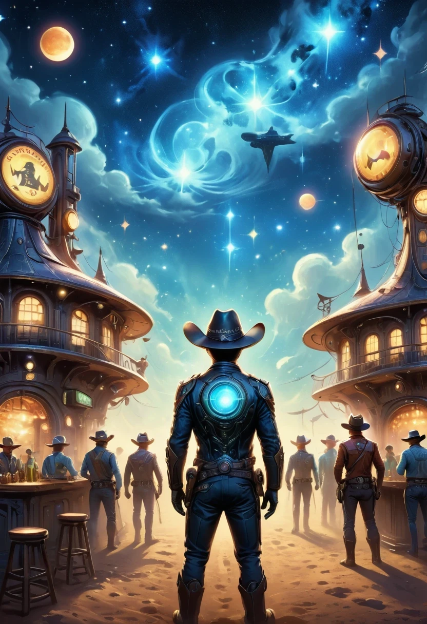 Aliens in cowboy suits in interstellar taverns,Wearing a stylish cowboy hat,Futuristic starry sky background,Alien Technology,Mechanical Cowboy,Mechanical Tavern