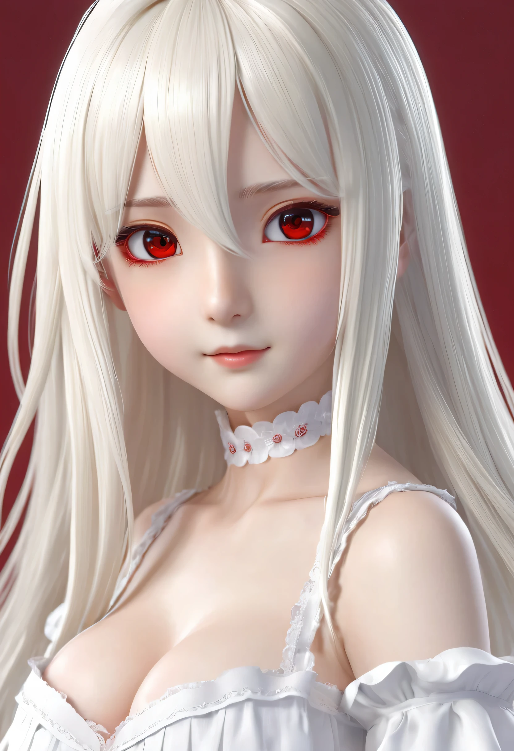  girl，Milky white long hair，Red Eyes，Very large breasts，((3D anime style))，