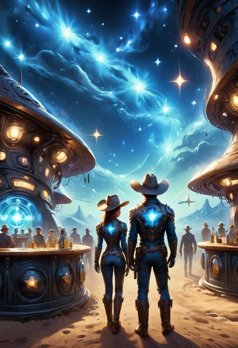 Aliens in cowboy suits in interstellar taverns,Wearing a stylish cowboy hat,Futuristic starry sky background,Alien Technology,Mechanical Cowboy,Mechanical Tavern