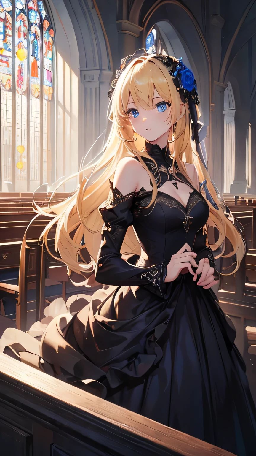 ((masterpiece, highest quality)), High resolution, 8k, Cinematic Light, High Contrast, Depth of written boundary, Strong brilliance, Detailed Background, One girl、Black wedding dress、church background、A determined look、Blonde、blue eyes、