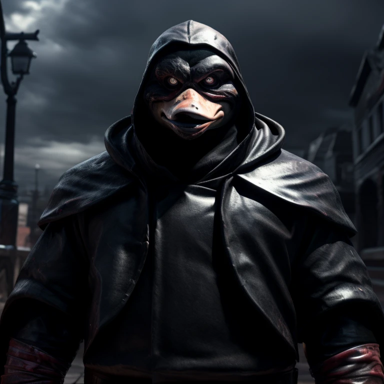 One scene of a humanoid duck character, clad in a totally bloodstained black armor:
(Masterpiece, highest quality,trending on ArtStation, realistic, drcama, dark atmosphere, solo, detailed eyes, detailed body, detailed face, expressive, masculine, absurdist, looking at viewer)
Um pato humanoide vestindo uma armadura negra totalmente ensanguentada (A humanoid duck character in a completely bloodstained black armor):
This masterpiece, rendered in the best quality, showcases an anthropomorphic duck wearing a black armor that exudes an ominous air due to its heavy coating of blood. The