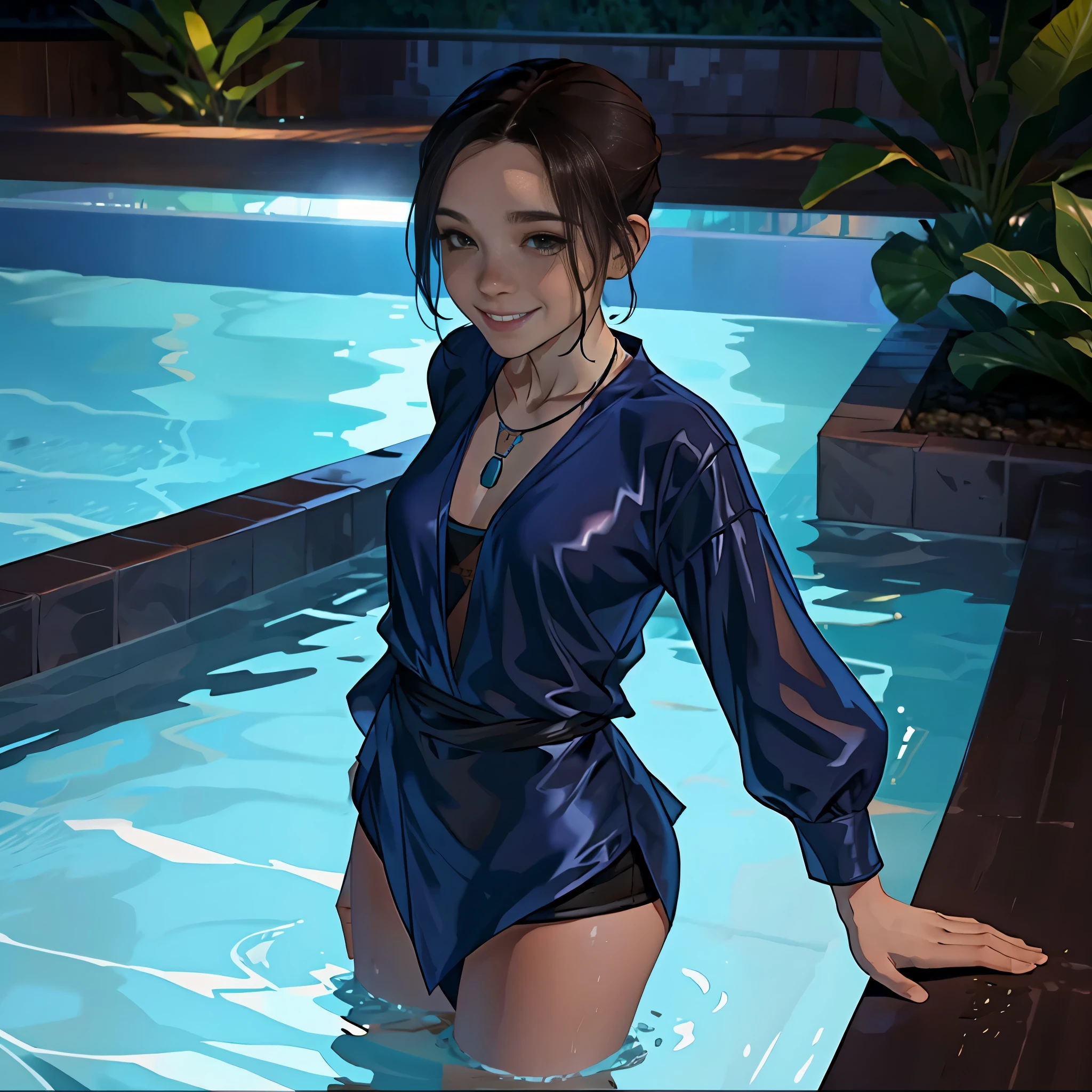 Woman standing waist deep in pool, soaked wet clothes, looking at viewer, long silk shirt, necklace, nice hairstyle, smile, layered clothing, sfw