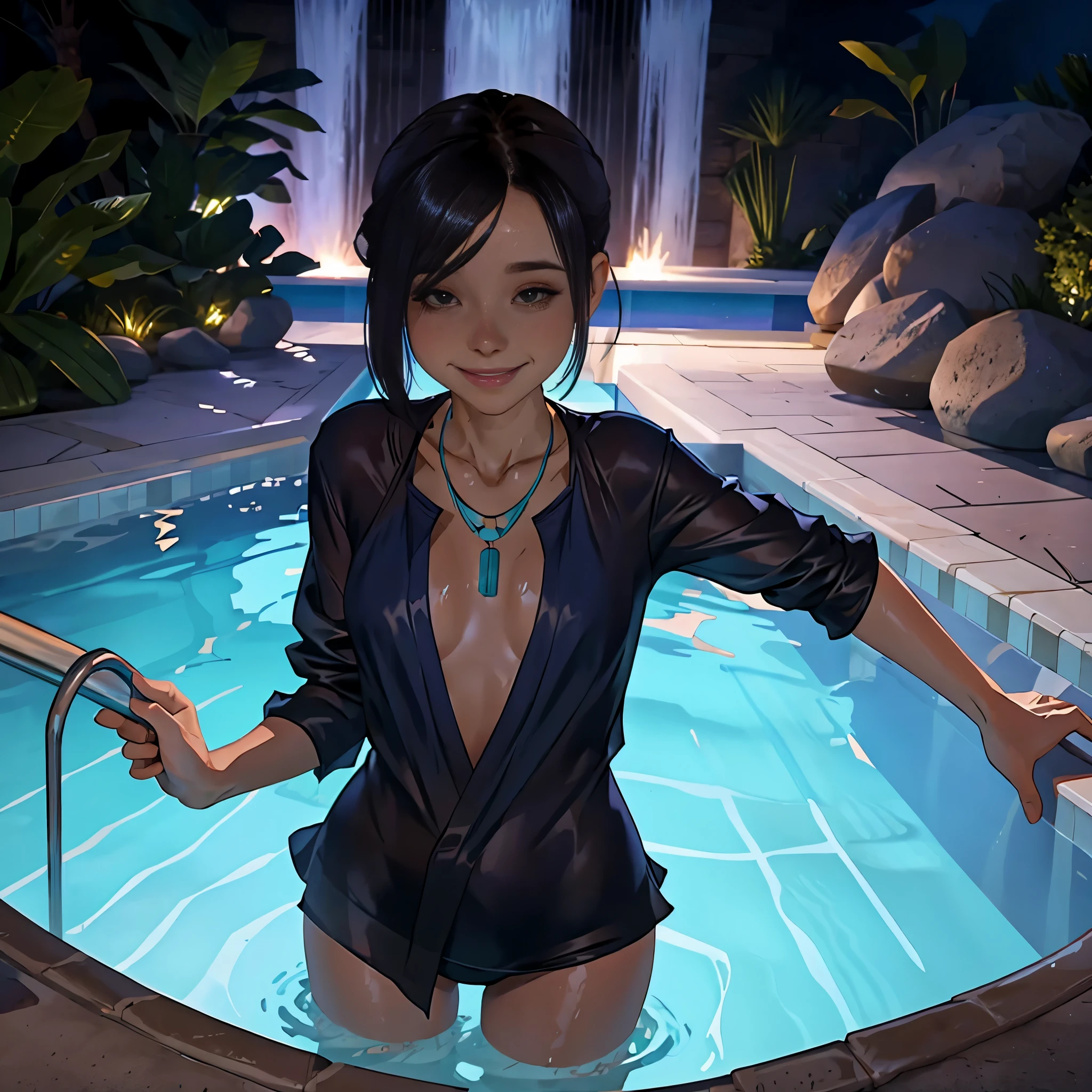 Woman standing waist deep in pool, soaked wet clothes, looking at viewer, long silk shirt, necklace, nice hairstyle, smile, layered clothing, sfw