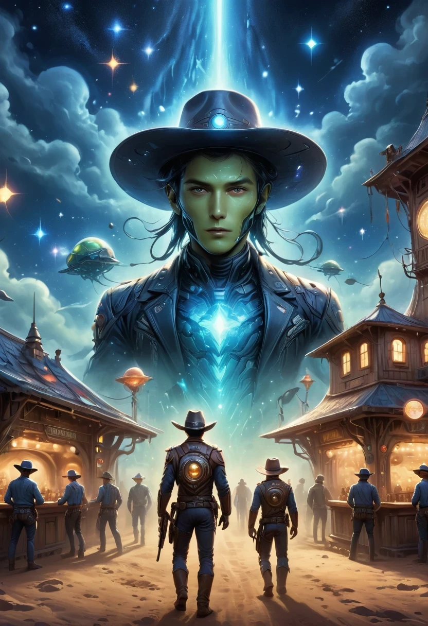 Aliens in cowboy suits in interstellar taverns，Wearing a stylish cowboy hat，Futuristic starry sky background，Alien Technology，Mechanical Cowboy，Mechanical Tavern