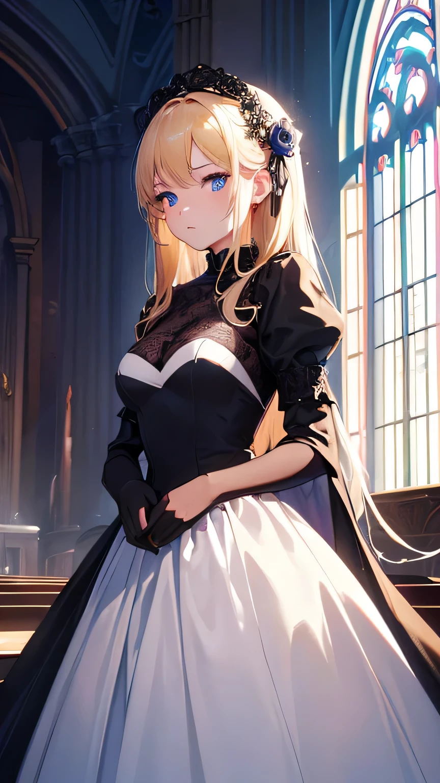 ((masterpiece, highest quality)), High resolution, 8k, Cinematic Light, High Contrast, Depth of written boundary, Strong brilliance, Detailed Background, One girl、Black wedding dress、church background、A determined look、Blonde、blue eyes、