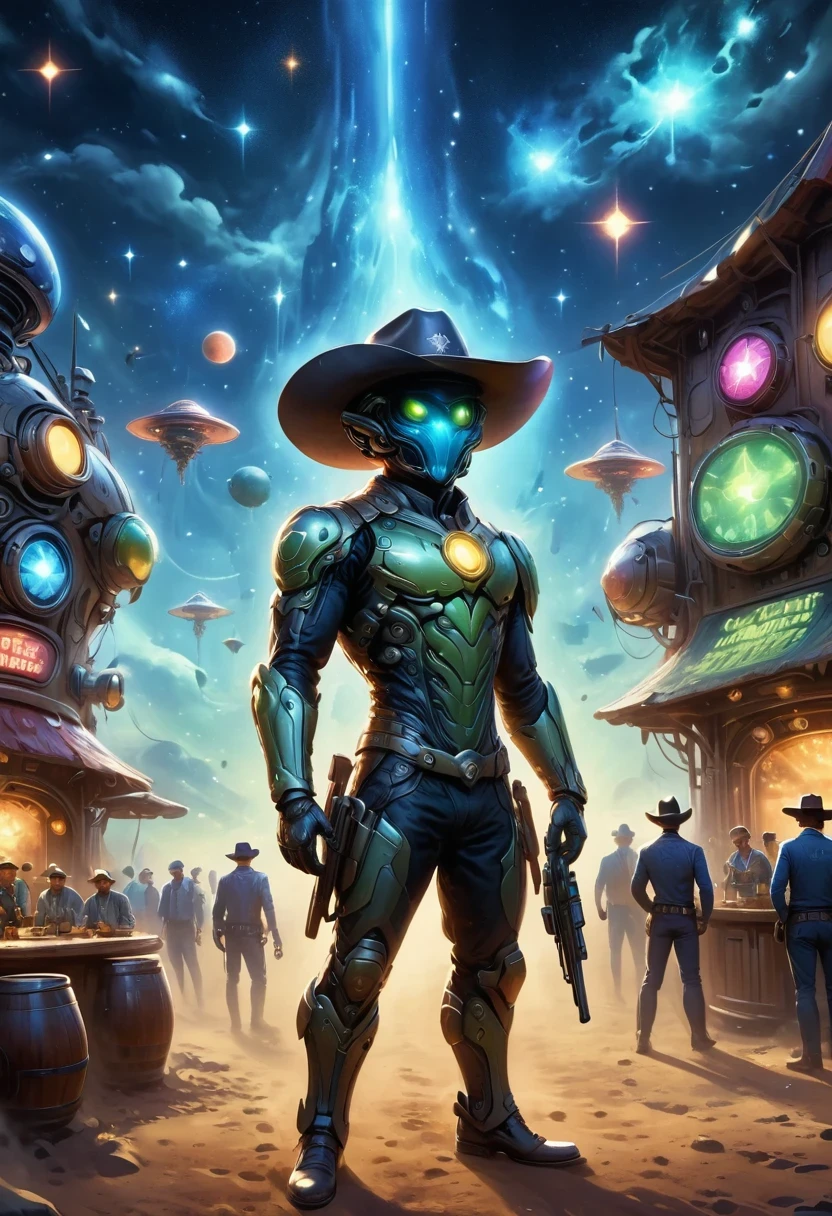 Aliens in cowboy suits in interstellar taverns,Wearing a stylish cowboy hat,Futuristic starry sky background,Alien Technology,Mechanical Cowboy,Mechanical Tavern