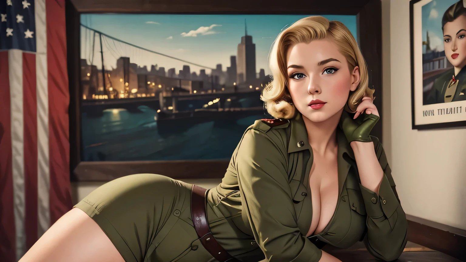 1940s art poster, only 1 girl, pinup, thicc, short dirty blonde hair, 21 year old woman, perfect gorgeous face, giga stacy of the ultimate truth, wearing ww2 olive drab sexy uniform, background is a an unfocused 1940s cityscape