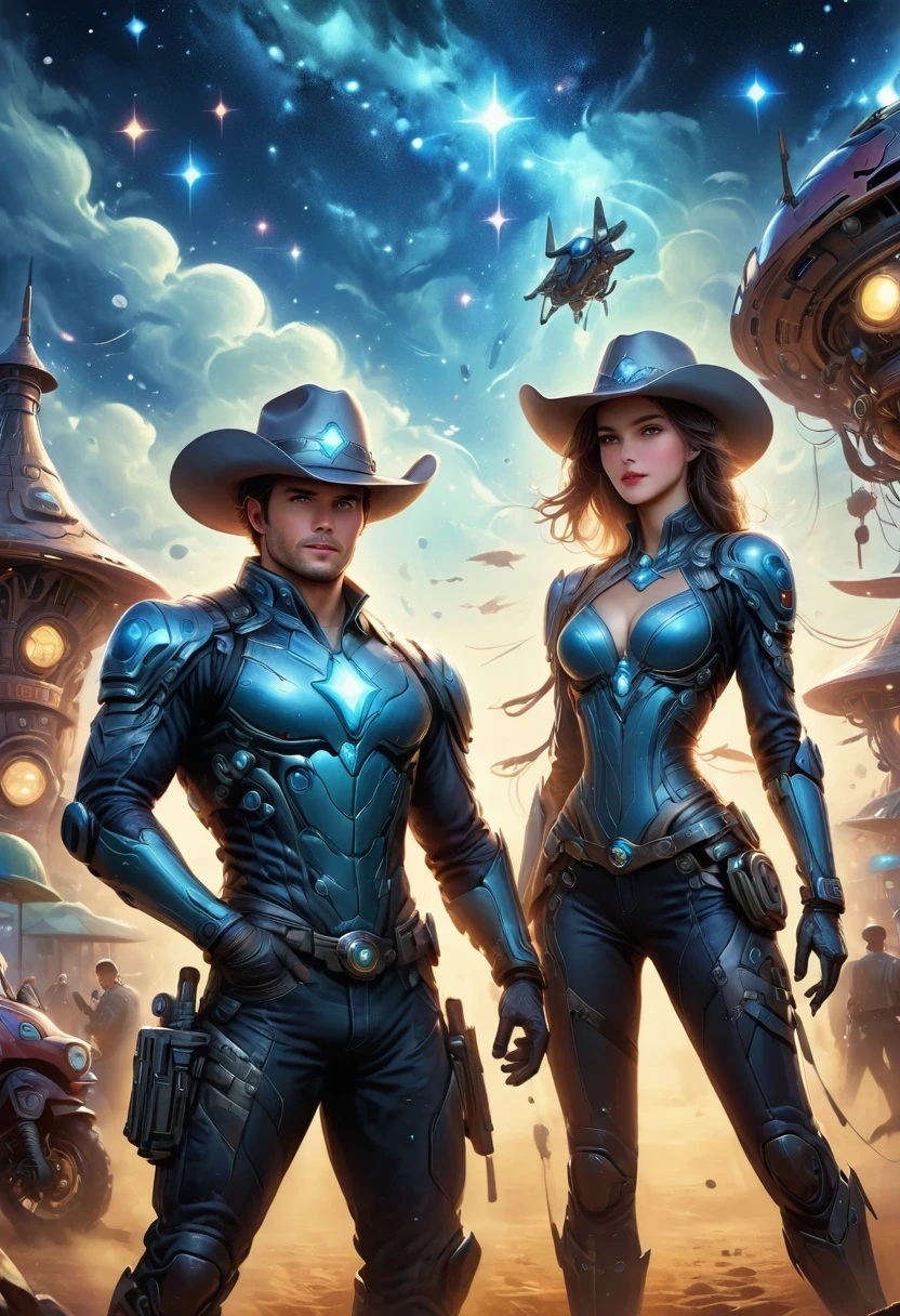Aliens in cowboy suits in interstellar taverns，Wearing a stylish cowboy hat，Futuristic starry sky background，Alien Technology，Mechanical Cowboy，Mechanical Tavern