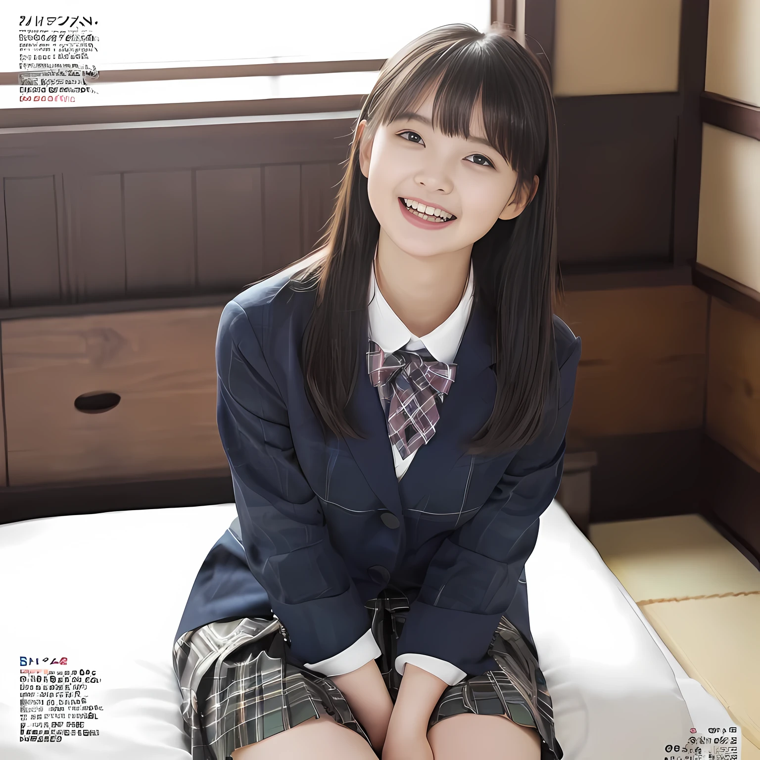 (highest quality、masterpiece:1.2)、highest quality、Realistic、photograph、High resolution、1080p、8K、The face is especially pale., Physical Rendering、((Height: 155cm)), one Japanese girl、((A siren in the form of a 15-year-old Japanese junior high school student is sitting.)), (((((Beautiful girl fashion model in a Japanese magazine))))), , (((big very detailed beautiful dark brown eyes))), ((blue girly large wine-red glossy polyester Japanese school ribbon bow tie)), (((black very beautiful and very very long straight hair))), ((((deep blue colored tartan checkered formal long pleated pleated skirt)))), ((A unpatterned formal dark blue blazer in solid that is slightly oversized and has an emblem on the left chest.)), (((((((laughing at me!))))))), Mouth open, The large blazer and skirt are very cute., detailed fingers, Slender body, ((curled bangs)), so beautiful, ((Very big and very very very cute eyes of a Japanese girl)), ((large pupils)), double eyelids, The entire skirt is photographed, Thin eyebrows, ((drooping eyes)), (((very long eyelashes))), ((cute lovely lovely laughing laughing cheeks)), ((Pure white light hits her face from above and in the front, making her skin and eyes shine beautifully.)), ((Strong light hits the nose and cheeks、It brings out the richness of the expression.)), (((((Her face is expressive, pure and very intelligent.))))), (((Watching the audience))), (((((At a very gorgeous underground holy sacred room with a very gorgeous and very divine bed)))))