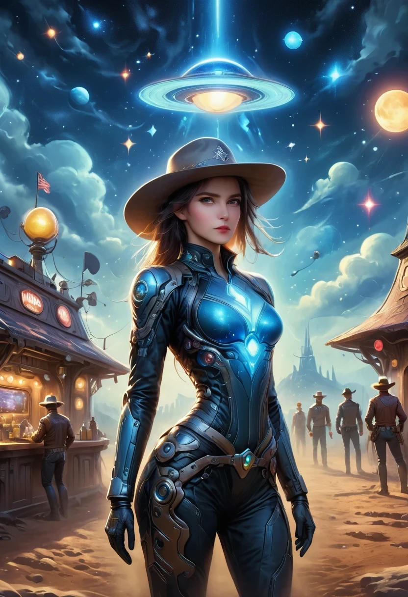 Aliens in cowboy suits in interstellar taverns，Wearing a stylish cowboy hat，Futuristic starry sky background，Alien Technology，Mechanical Cowboy，Mechanical Tavern