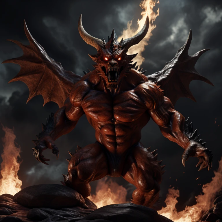 A menacing, demonic humanoid duck stands before you, its grandes chifres (massive horns) curving upwards towards the fiery skies. The fogo do inferno (fire of the underworld) burns brightly behind it, casting an ominous glow over its intricately detailed body. This realistic image showcases the duck's muscular form and expressive, fierce features. Its eyes, filled with malevolent intent, are sharp and detailed, perfectly capturing the duality of this terrifying yet mesmerizing creature. By the hands of a master artist, this masterpiece was brought to life in unreal engine, showcasing the highest quality of detail and real