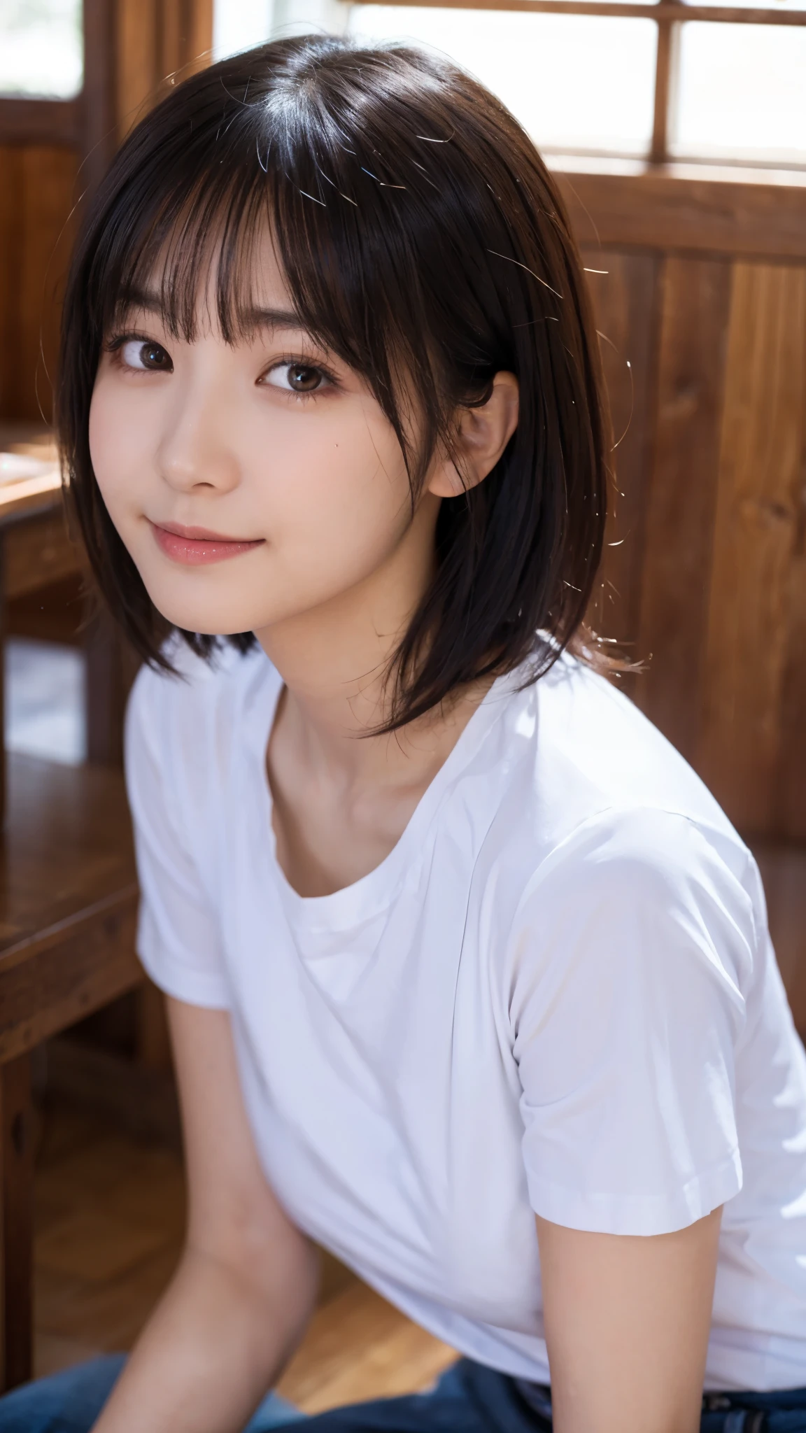 (highest quality,masterpiece:1.3,Ultra-high resolution),(Very detailed,Caustics,8k),(Realistic:1.4,RAW shooting),18-year-old,cute,Japanese,Short black hair that curls outwards,(White T-shirt),(smile),Looking at the camera,blue sky,sun,Backlight,(classroom),(Ground level shot:1.1),(Waist up shot),(Face Focus),(Face close-up),(Low position:1.2),(Low Angle:1.2),Natural light