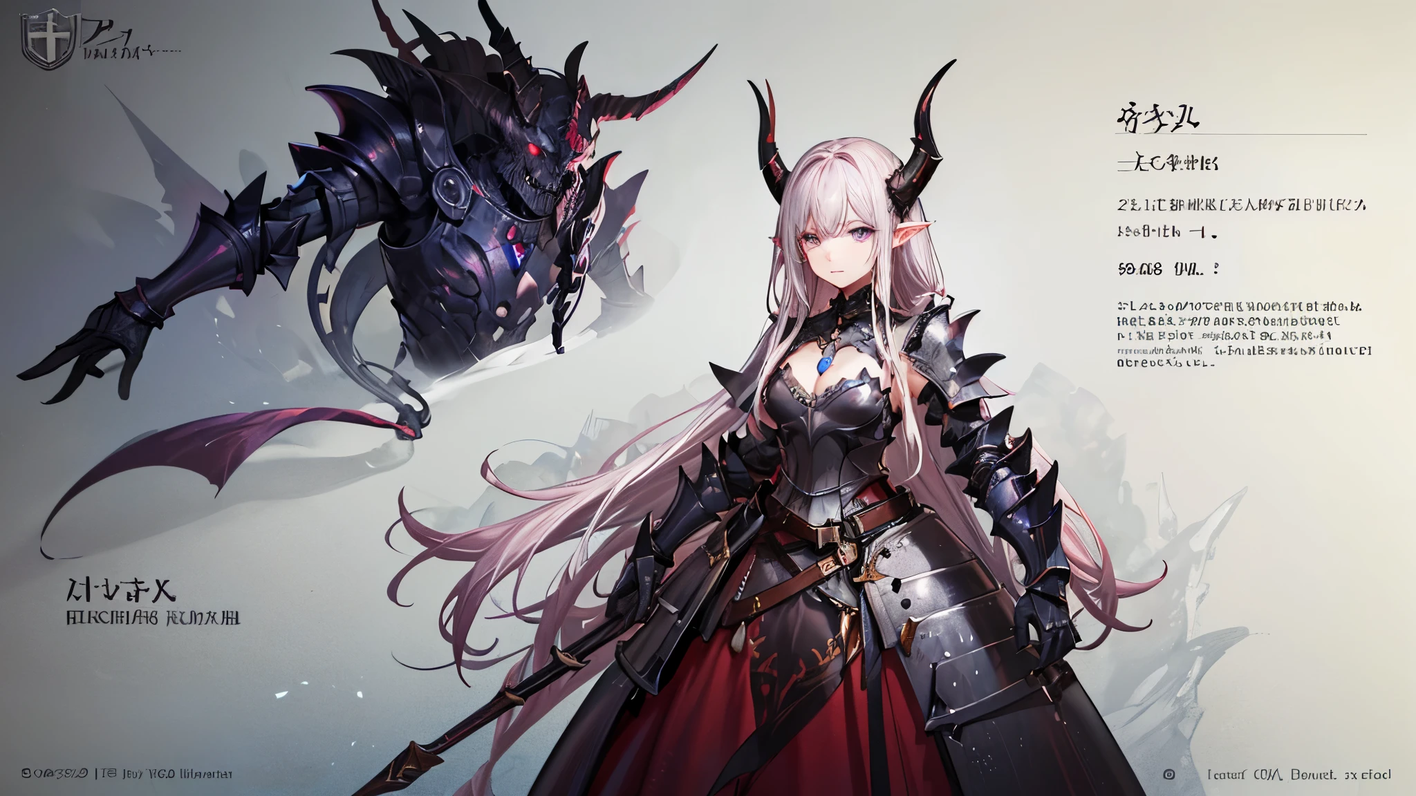 (Masterpiece, best quality), detailed, character sheet, many items (the same person, medieval royal armor, demonic heavy armor, fullplate armor, many parts), athletic, busty, demon, demon girl, detailed beautiful purple eyes, detailed face, pointy ears, red hair and white skin, braided ponytail, demon horns, full of details.