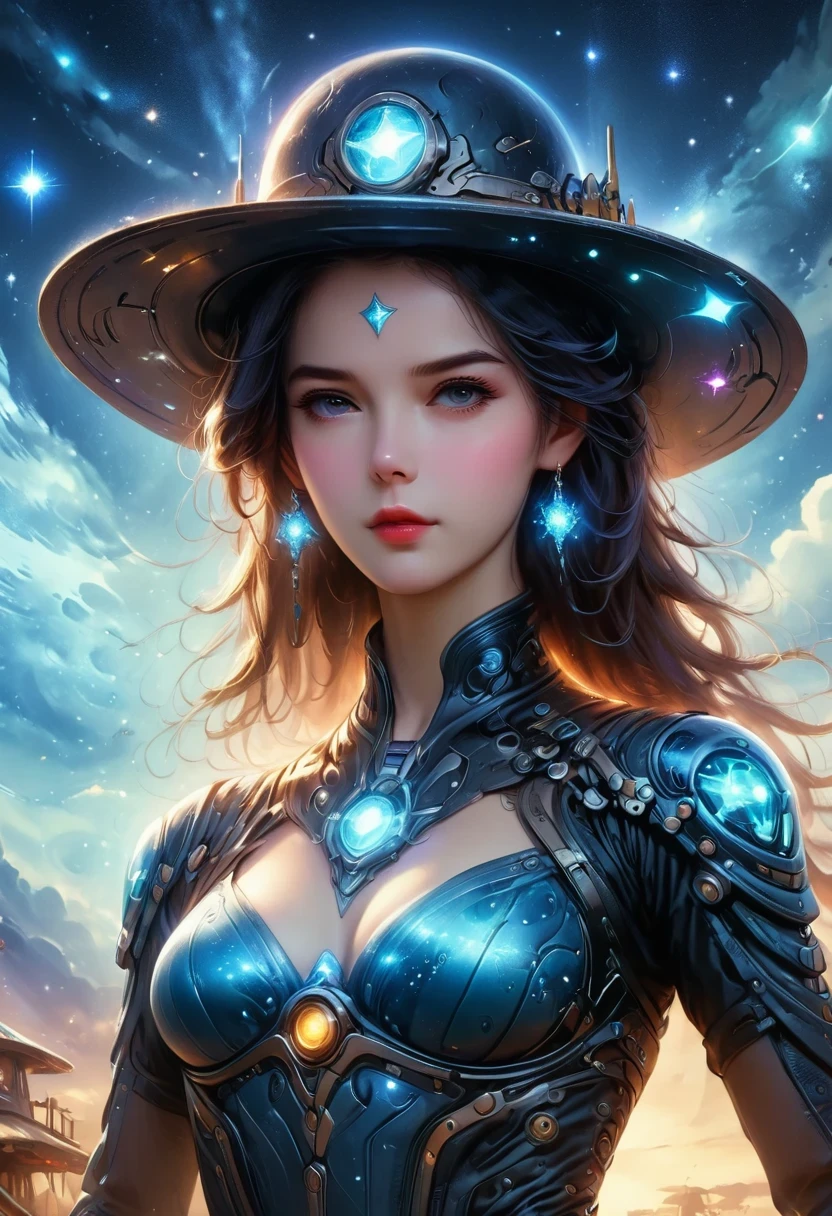 Cyberpunk Cowgirl in Interstellar Tavern，Wearing a stylish cowboy hat，Futuristic starry sky background，Alien Technology，Mechanical Cowboy，
