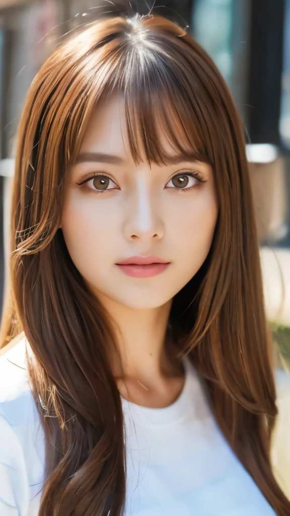 Best quality, 8k, ,Masterpiece :1.3)), facing viewer,((full body1.2)) ,pretty woman, wide shot ,1girl, , selfie , , Bus Stop,, brown hair , bangs,ultra-detailed face, highly detailed lips, detailed eyes, double eyelid