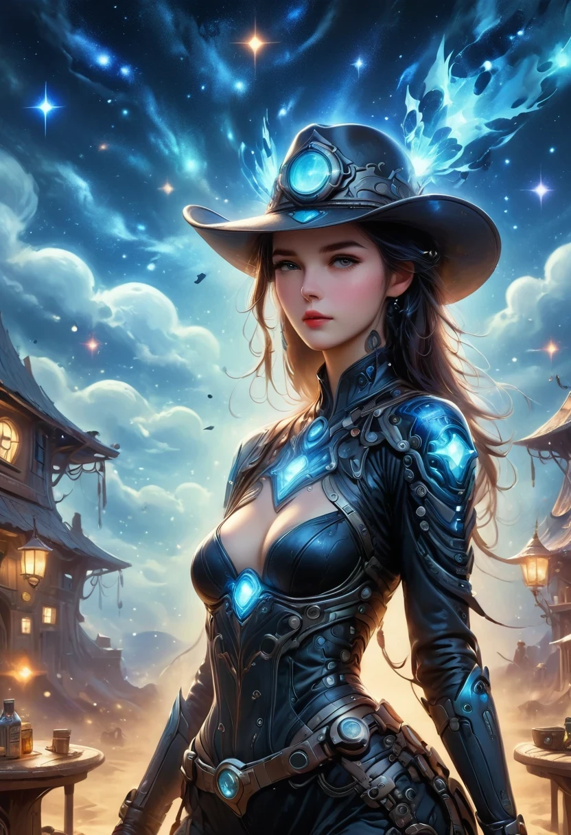 Cyberpunk Cowgirl in Interstellar Tavern,Wearing a stylish cowboy hat,Futuristic starry sky background,Alien Technology,Mechanical Cowboy,