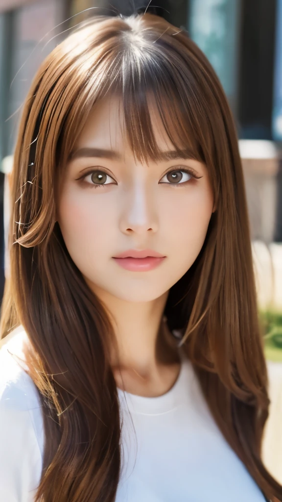 Best quality, 8k, ,Masterpiece :1.3)), facing viewer,((full body1.2)) ,pretty woman, wide shot ,1girl, , selfie , ,, Art Gallery , brown hair , bangs,ultra-detailed face, highly detailed lips, detailed eyes, double eyelid
