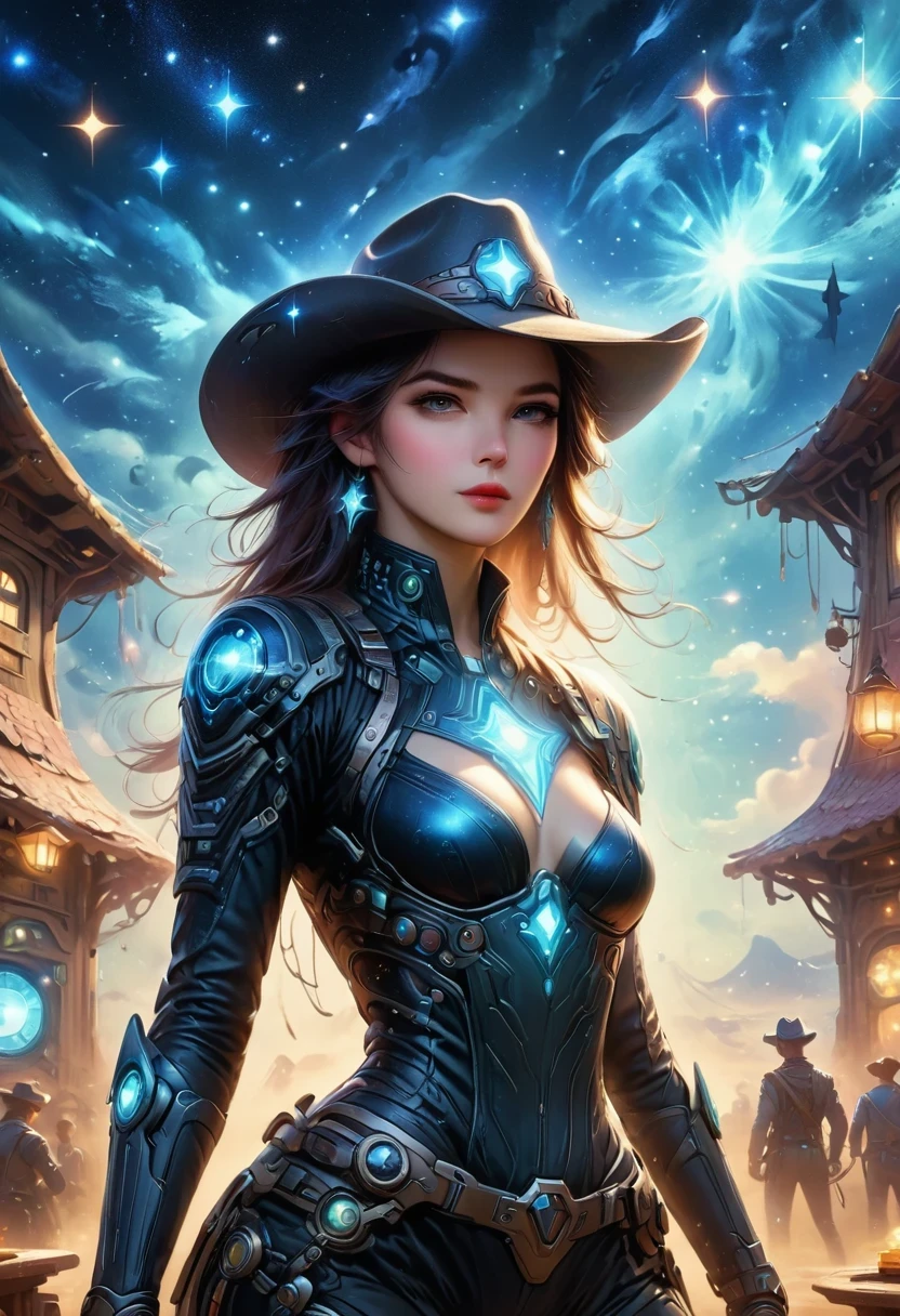 Cyberpunk Cowgirl in Interstellar Tavern，Wearing a stylish cowboy hat，Futuristic starry sky background，Alien Technology，Mechanical Cowboy，
