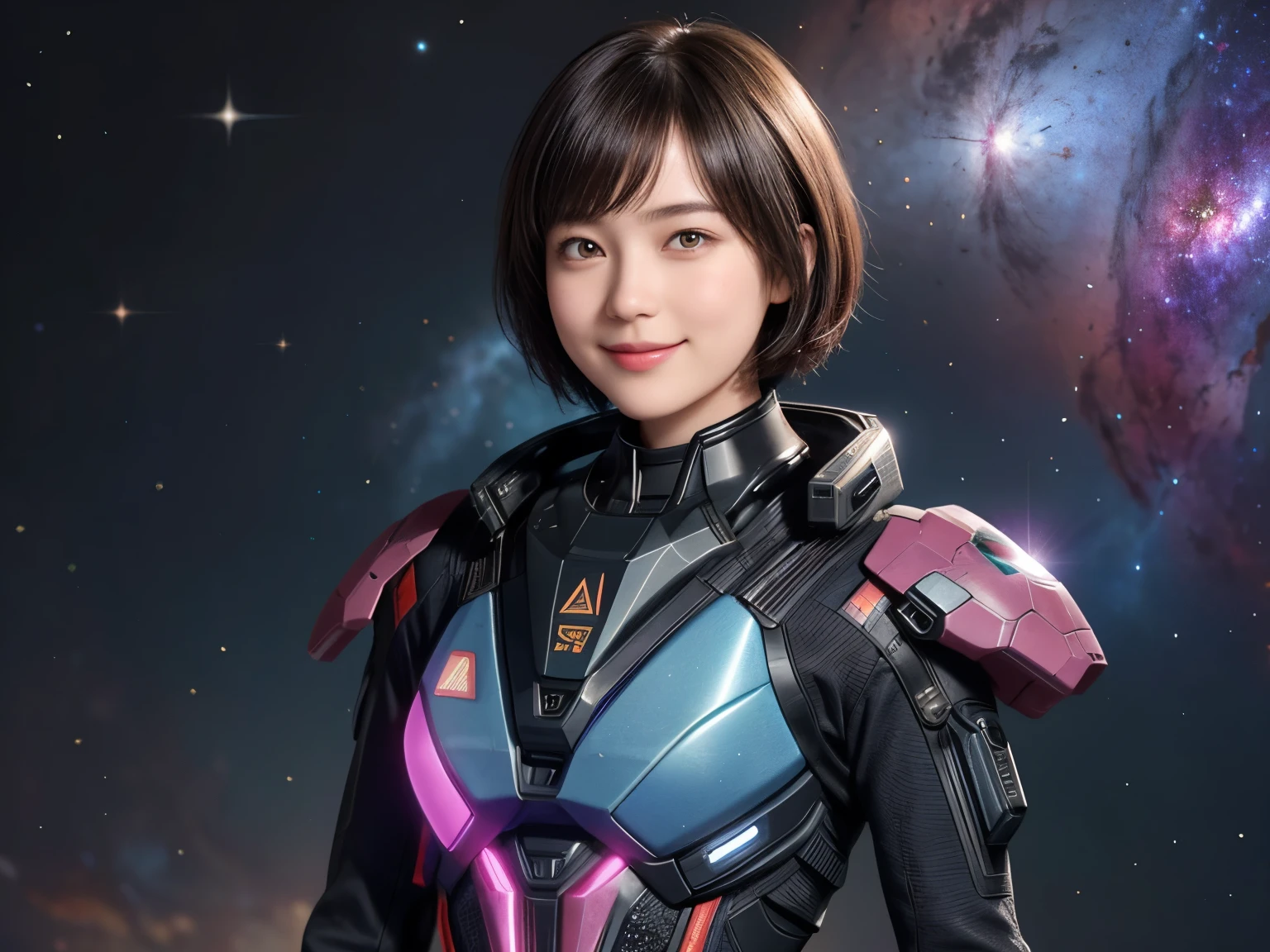 208 Short Hair, 20 year old female, Floral, A kind smile, Futuristic clothing, machinery suit, (The background is a galaxy and nebula)