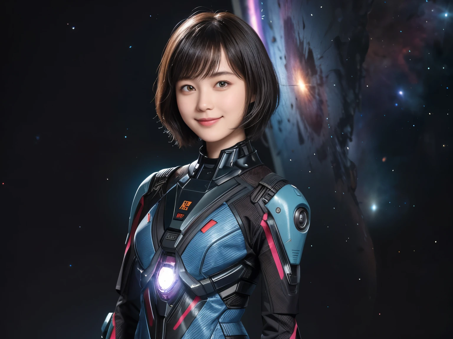 208 Short Hair, 20 year old female, Floral, A kind smile, Futuristic clothing, machinery suit, (The background is a galaxy and nebula)
