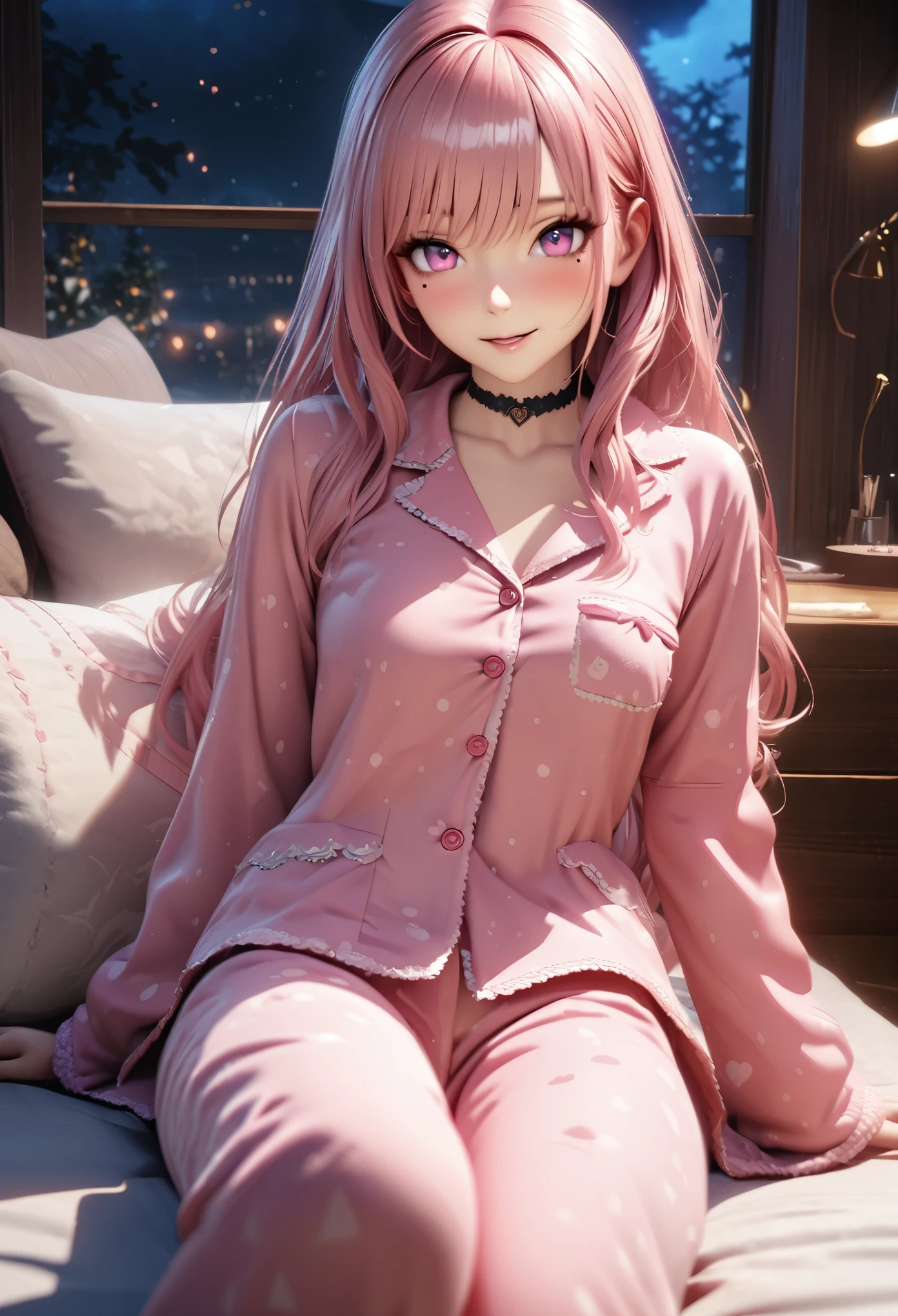 masterpiece, highest quality, Very detailed, High resolution, Expensive resolution, HDR, 4k, 8K, unity 8k wallpaper, Very detailed CG, masterpiece, Realistic, 2D, 3D, Beautiful details, depth, Fine texture, Super fine: 1.3, Total concentration, crispy skin, he, Very cute anime girl, night, pajamas, Bedroom, expensive pink long hair, One Girl, pajamas, night, Sitting on the bed, Smiling pink long hair, whole body, Mole under the eye, glance, expensive, blush, Parted lips, heart, Pink Eyes, choker