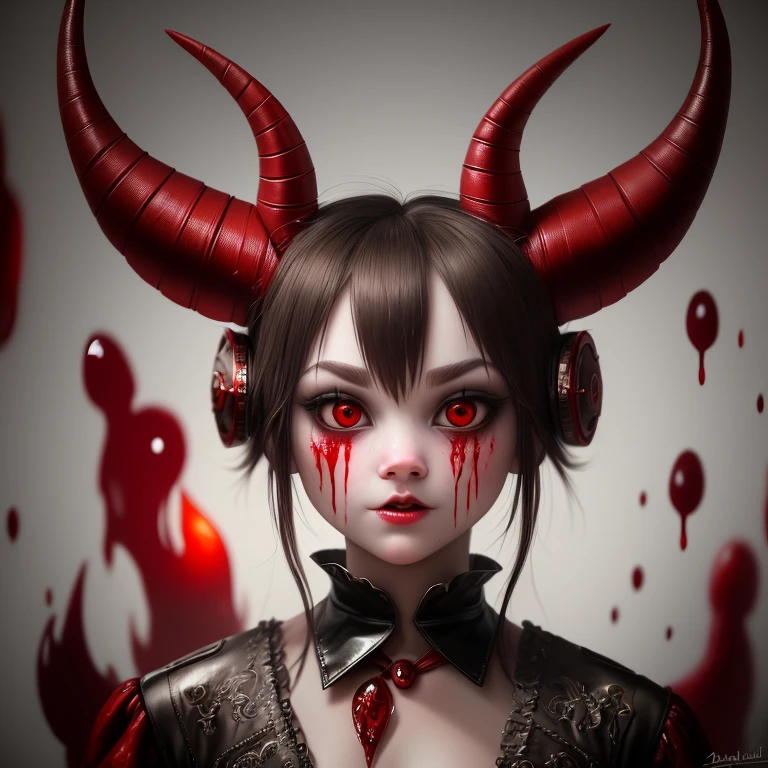 A humanoid duck with large horns, its demonic gaze piercing through the realism of the image, dripping with blood.