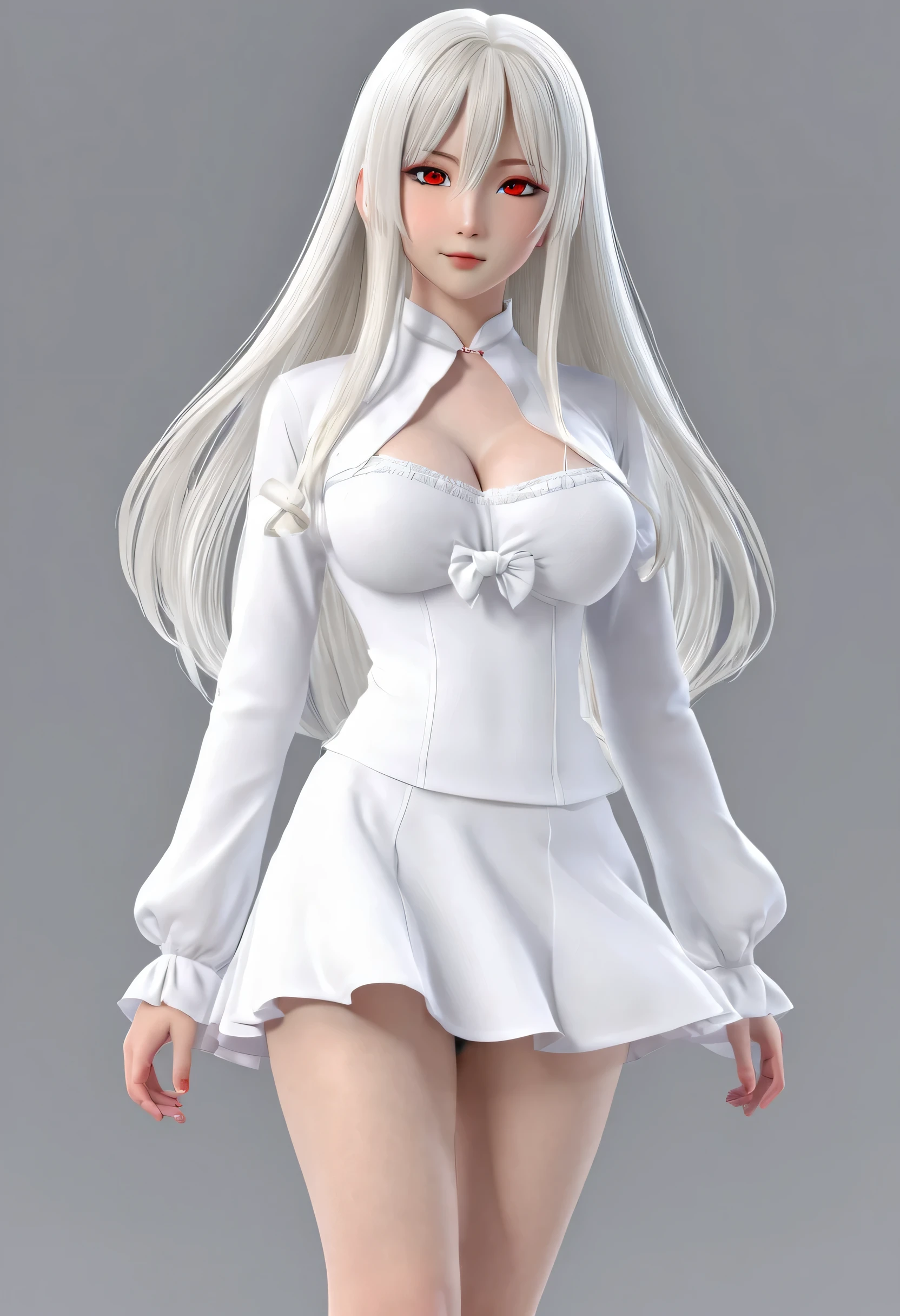 Full body, beautiful eyes, blush, cute face, (1 cute woman, solo: 1.1), lips, gigantic breasts, beautiful background, white hair, white dress, white elbow gloves that fully cover her hands, white high heel boots, naked shoulders