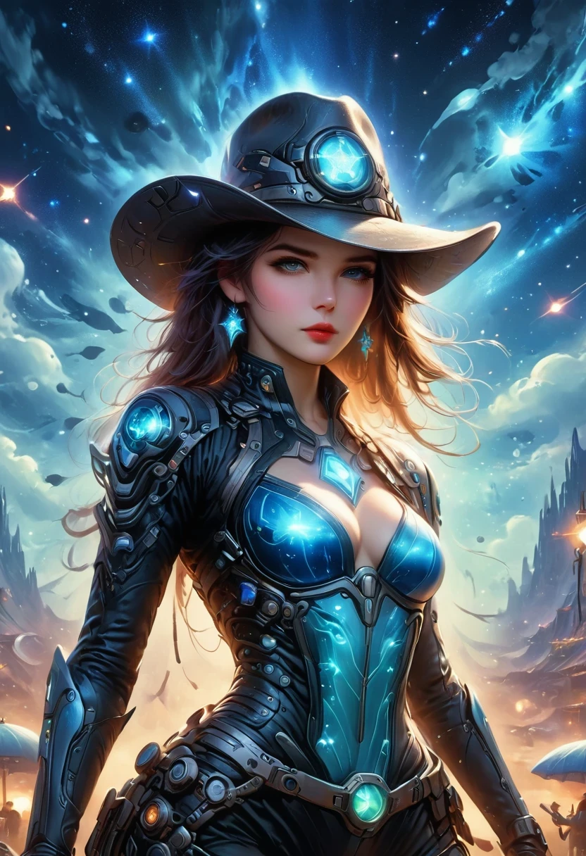 Cyberpunk Cowgirl in Interstellar Tavern,Wearing a stylish cowboy hat,Futuristic starry sky background,Alien Technology,Mechanical Cowboy