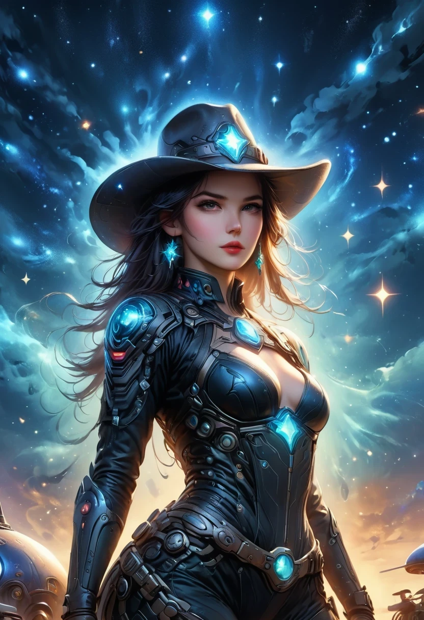 Cyberpunk Cowgirl in Interstellar Tavern,Wearing a stylish cowboy hat,Futuristic starry sky background,Alien Technology,Mechanical Cowboy