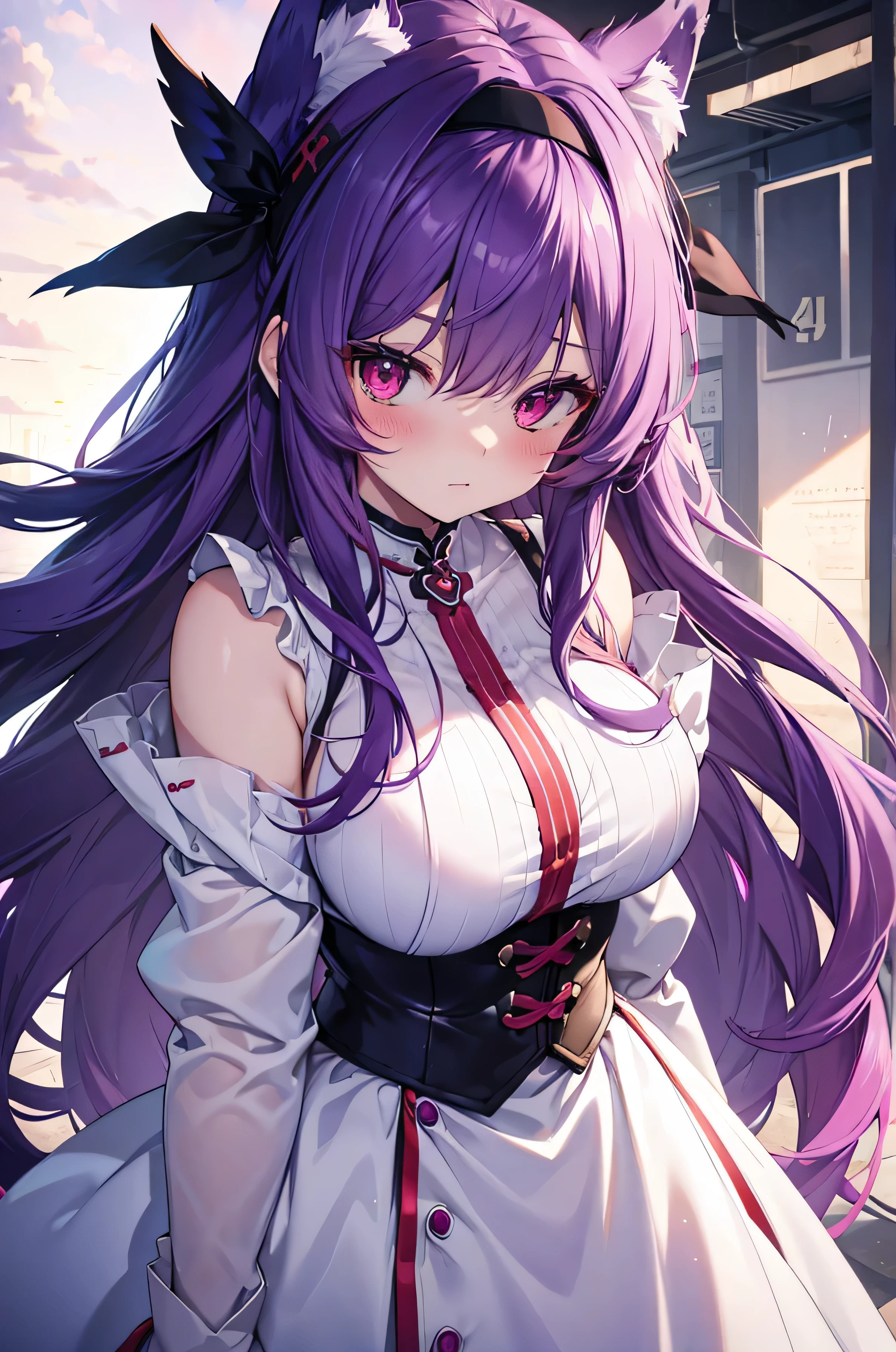 Fox Girl, Big Breasts, Voluminous purple hair, masterpiece , Red eyes、Blushed cheeks、 hd, from head to chest, buried in my chest、Underbust、piece、headband on head