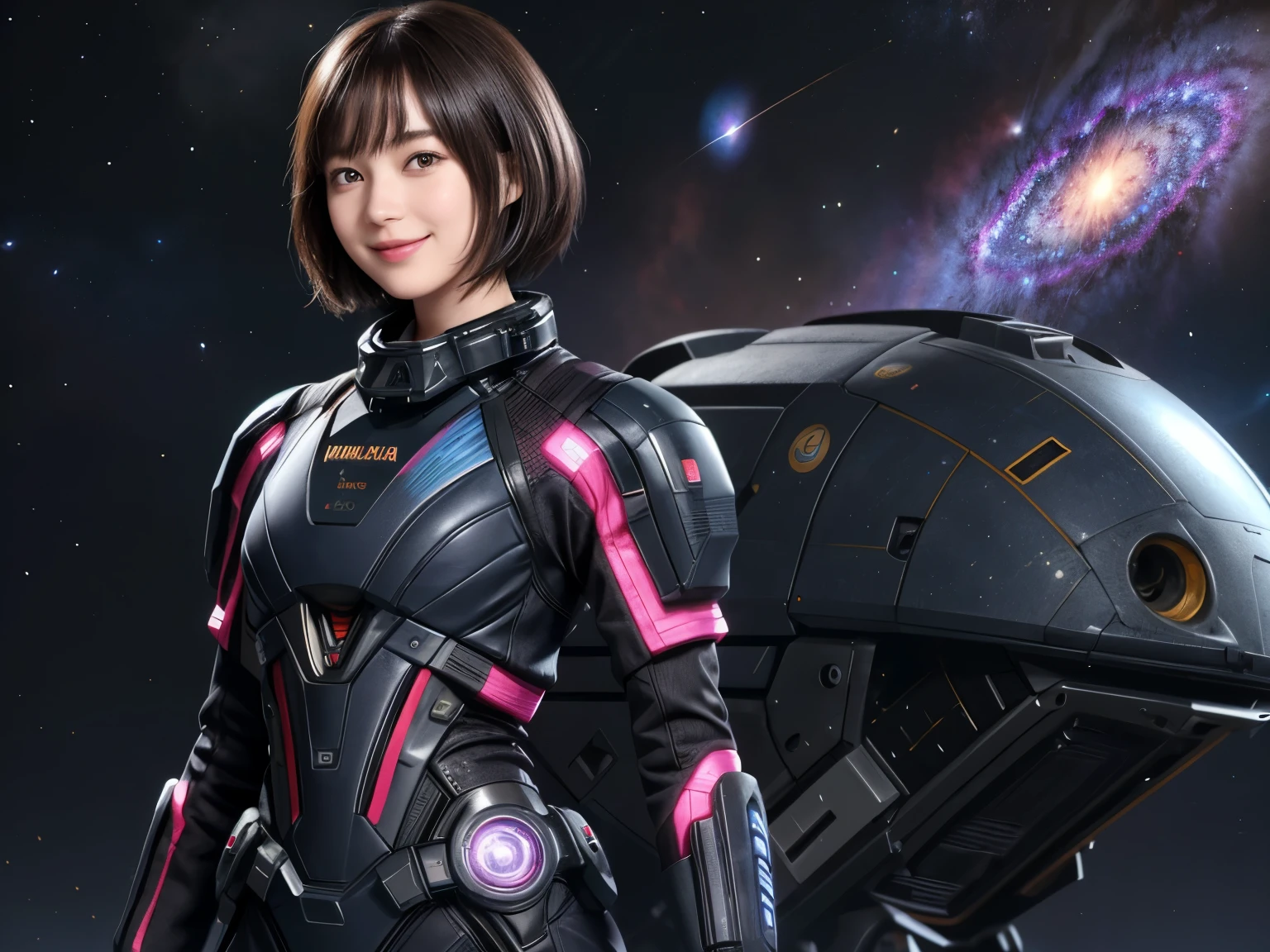208 Short Hair, 20 year old female, Floral, A kind smile, Futuristic clothing, machinery suit, (The background is a galaxy and nebula)