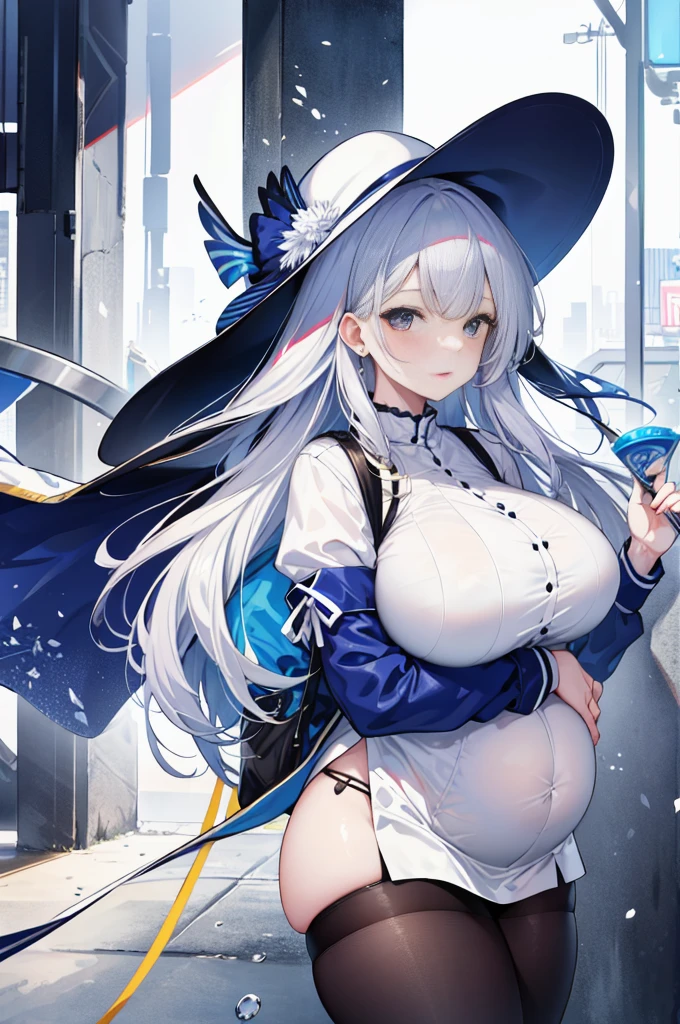 (Top quality)、(high resolution)、The original、(1 woman)、Sexy、Thick、Big body、Silver Hair,navy、mini skirt,white hat,(Pregnant，Huge Breasts：1.8)，Soaked