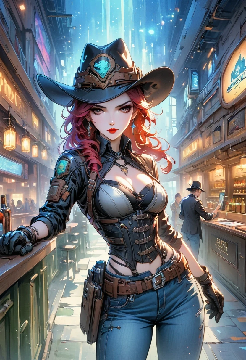 masterpiece, pale skin, red lips, light eyes, eye shadow, Frontal photo of a red-haired beauty with medium curly hair standing in the Star Tavern,Cyberpunk cowboy in interstellar tavern,Futuristic starry sky background,Alien Technology,Mechanical Cowboy,Wearing a red and black mechanical suit, Mafia style mechanical suit, 她 is also wearing a hat, Jeans and high heels, Very detailed body, Alien Technology in detail, chiaroscuro, Natural light, Very detailed, 她 and the car focus on images