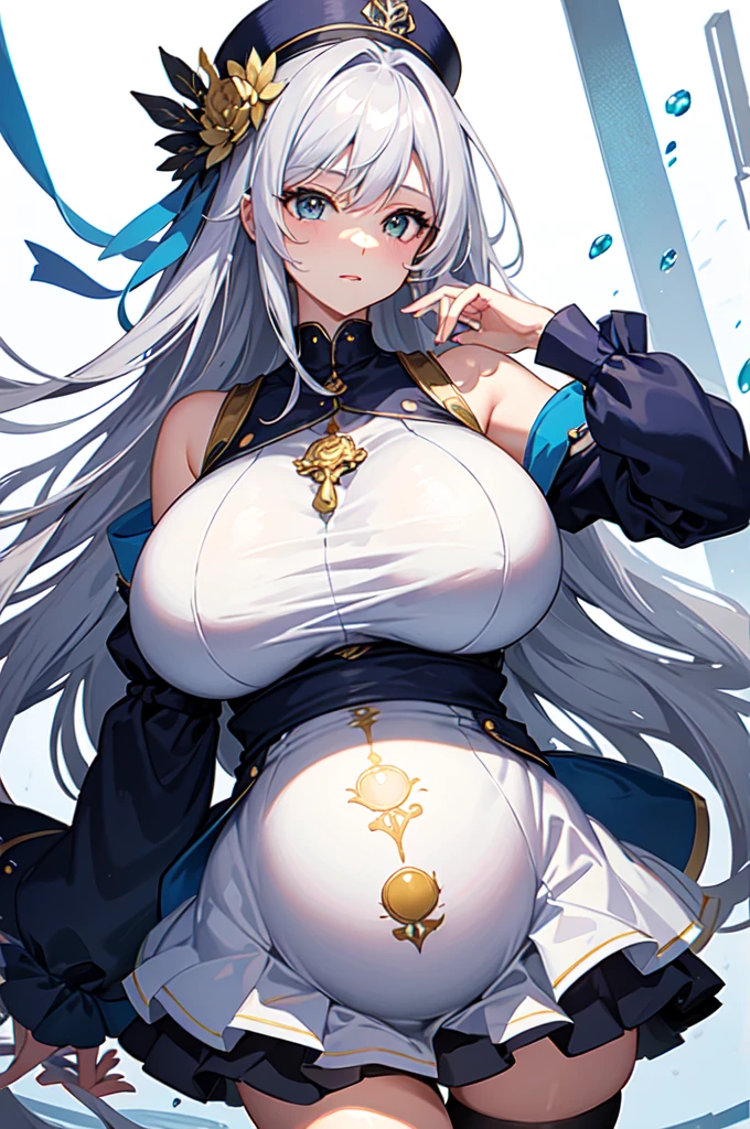 (Top quality)、(high resolution)、The original、(1 woman)、Sexy、Thick、Big body、Silver Hair,navy、mini skirt,white hat,(Pregnant,Huge Breasts:1.8),Soaked