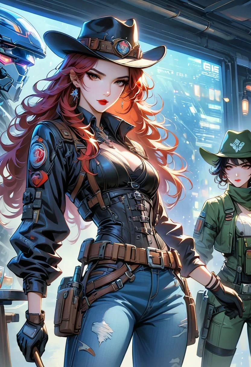 masterpiece, pale skin, red lips, light eyes, eye shadow, Frontal photo of a red-haired beauty with medium curly hair standing in the Star Tavern,Cyberpunk cowboy in interstellar tavern,Futuristic starry sky background,Alien Technology,Mechanical Cowboy,Wearing a red and black mechanical suit, Mafia style mechanical suit, 她 is also wearing a hat, Jeans and high heels, Very detailed body, Alien Technology in detail, chiaroscuro, Natural light, Very detailed, 她 and the car focus on images