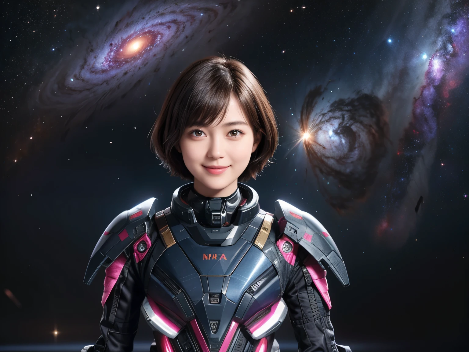 208 Short Hair, 20 year old female, Floral, A kind smile, Futuristic clothing, machinery suit, (The background is a galaxy and nebula)