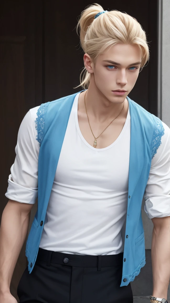 (high quality:1.2),male,attractive,handsome,adorable,charming,young, blonde hair.lace, ponytail hair, guy, stylish outfit, trendy attire, fashionable dressing, in his clothes, outfit details, stylish appearance, confident posture, cool vibe, edgy style, modern fashion, youthful aura, vibrant personality, A man wearing a brown vest over a white T-shirt, delicate man, extremely detailed body, beautiful detailed blue eyes, white skin