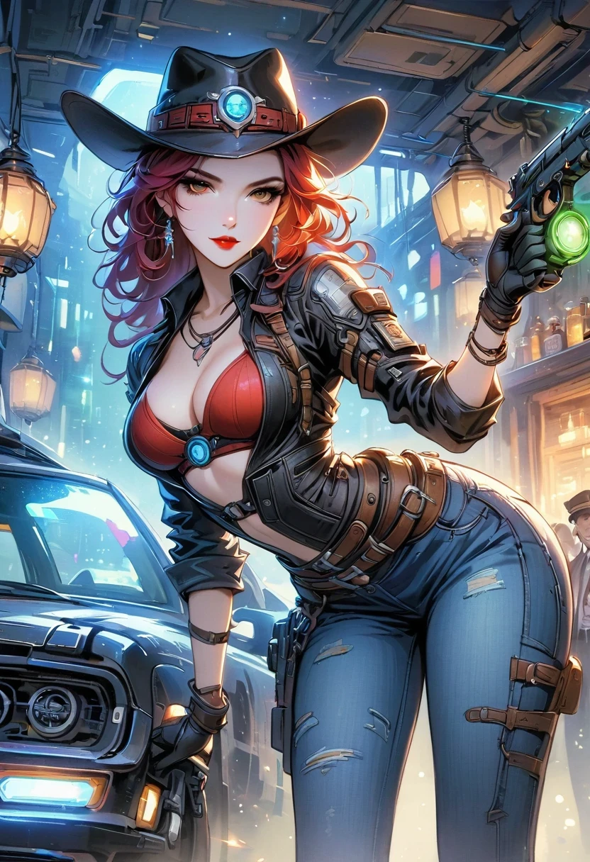 masterpiece, pale skin, red lips, light eyes, eye shadow, Frontal photo of a red-haired beauty with medium curly hair standing in the Star Tavern,Cyberpunk cowboy in interstellar tavern,Futuristic starry sky background,Alien Technology,Mechanical Cowboy,Wearing a red and black mechanical suit, Mafia style mechanical suit, 她 is also wearing a hat, Jeans and high heels, Very detailed body, Alien Technology in detail, chiaroscuro, Natural light, Very detailed, 她 and the car focus on images