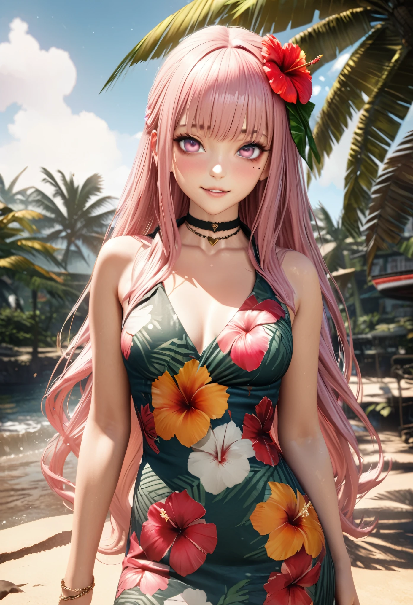 Masterpiece, Best Quality, Super Detailed, High Definition, Expensive Resolution, HDR, 4k, 8K, Unity 8k Wallpaper, Super Detailed CG, Masterpiece, Realistic, 2D, 3D, Beautiful Details, Depth, Fine Texture, Super Fine: 1.3, Complete concentration, crispy skin, him, very cute anime girl, Hawaiian dress, Hawaii, palm tree, expensive pink long hair, one girl, Hawaiian dress, hibiscus hair ornament, smile, pink long hair, whole body, under eyes mole, glance, expensive, blush, parted lips, heart, pink eyes, choker