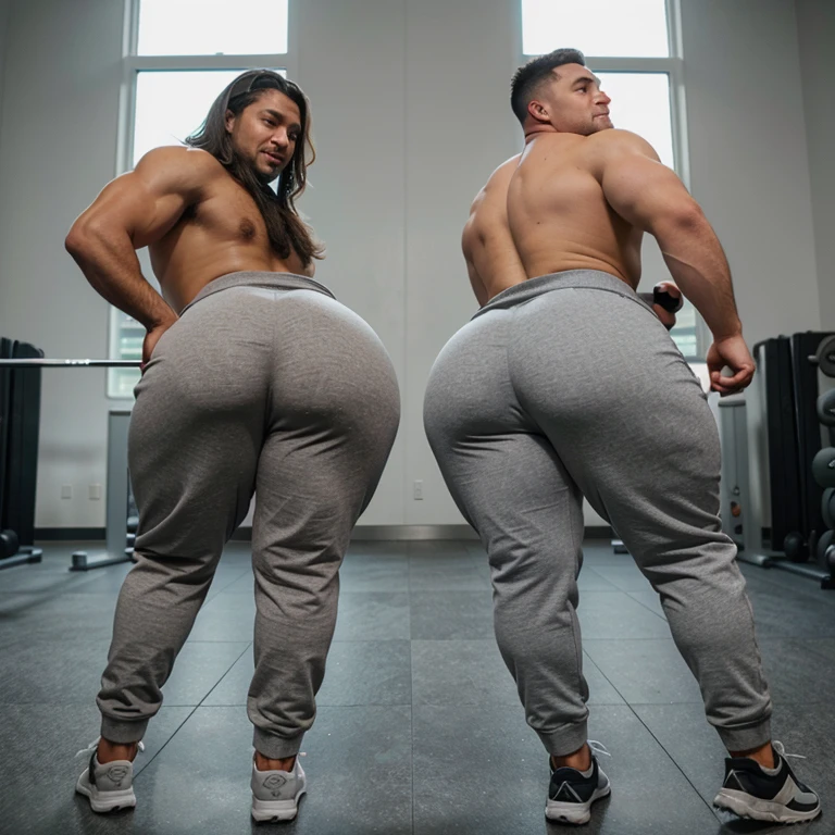 Two male college football players, muscular, jocks, at the gym, athletic, shirtless, dark brown hair, wearing grey sweatpants, big butt, huge ass, curvy men, comically massive ass, bubblebutt, thick, thicc, thick ass, thick legs, thick thighs, huge butt cheeks, ass huge, showing butt to camera, smiling, looking back at camera, big booty, boy booty, men with huge butts, men in grey sweatpants, showing off ass, absolutely massive butt, enormous ass cheeks in grey sweatpants, full ass, round ass, juicy ass, expansive ass, tight sweatpants, filled sweatpants, perky fat butt cheeks, gay for each other, gay, homosexual