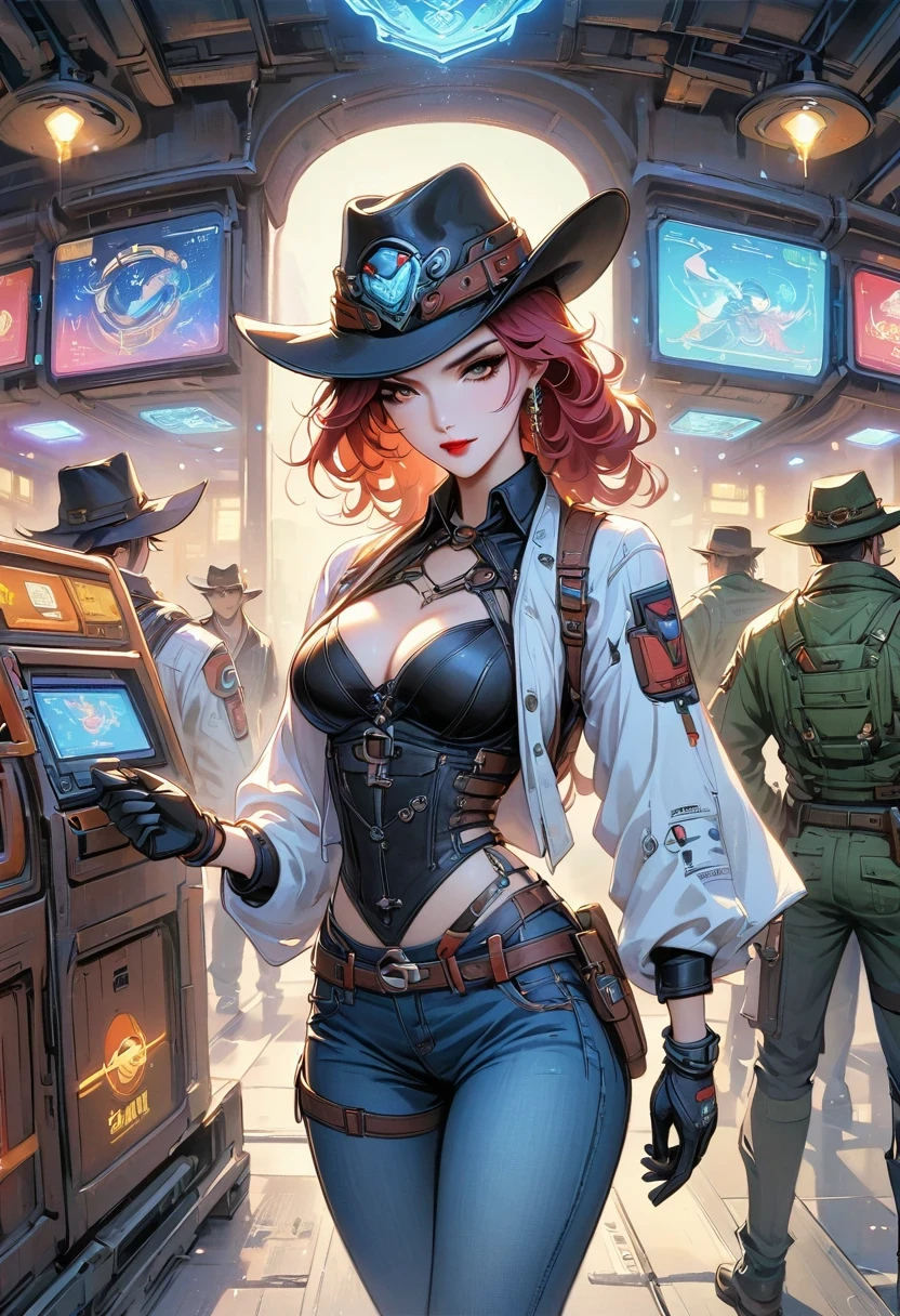 masterpiece, pale skin, red lips, light eyes, eye shadow, Frontal photo of a red-haired beauty with medium curly hair standing in the Star Tavern,Cyberpunk cowboy in interstellar tavern,Futuristic starry sky background,Alien Technology,Mechanical Cowboy,Wearing a red and black mechanical suit, Mafia style mechanical suit, 她 is also wearing a hat, Jeans and high heels, Very detailed body, Alien Technology in detail, chiaroscuro, Natural light, Very detailed, 她 and the car focus on images