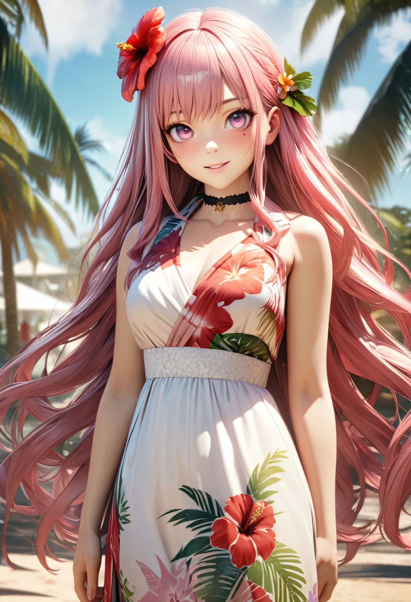 masterpiece, highest quality, Very detailed, High resolution, An expensive solution, High resolution, 4K, 8k, unity 8k wallpaper, Very detailed CG, masterpiece,  2D, 3D, Beautiful details, depth, Fine texture, highest quality: 1.3, Total concentration, Crisp skin, he, Very cute anime rabbit, A cute rabbit like an idol, expensive pink long hair, One Girl, Aloha One Piece, morning, morning食, hibiscus hair accessory, Smiling long pink hair, whole body, Mole under the eye, Line Sight, expensive, blush, Lips parted, heart, Pink Eyes, choker