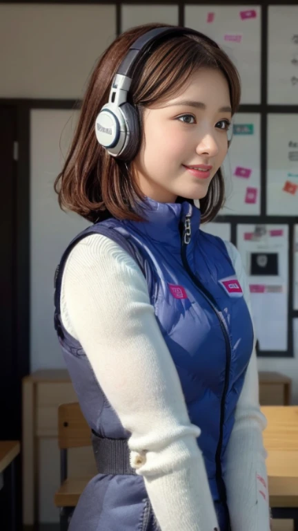 (At S.F.W.), (1 girl:1.3), break, Half Body Shot, Japanese, 17 year old supermodel, high school girl, (From the side), (highest quality:1.4), 32k resolution, (Realistic:1.5), (超Realistic:1.5), High resolution 32k UHD, (masterpiece:1.2)), (Improvement of quality:1.4), (Very beautiful facial details), (highest qualityのリアルな質感の肌:1.4), (Perfect Anatomy:1.2), (Are standing:1.37), break, , ((astrovest:1.5)), ((headphone:1.15)), break, Do not emphasize the top of the bust, ((In a classroom shining in pink:1.15)), Accurate Fingers, Very detailed, Symmetrical eyes, ((View your viewers)),Natural Makeup, ((A good eye for quality:1.2)), (tired, Sleepy and satisfied:0.0), (Beautiful Lips:1.33), (Great nose:1.2), ((Physically Based Rendering of the Background:1.37)), thin:1.2, Flat Chest, (thin lower body), brown hair, (Hairy hair:1.37), Anxious face, Gentle light illuminates your face and body, Professional Cinema Lighting,(black sleeves):2,(black long sleeves):2,(astrovest):2,smile,inside spacecraft