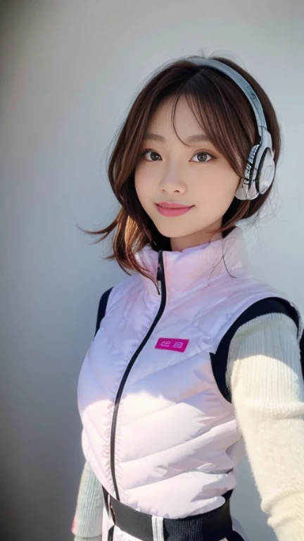 (At S.F.W.), (1 girl:1.3), break, Half Body Shot, Japanese, 17 year old supermodel, high school girl, (From the side), (highest quality:1.4), 32k resolution, (Realistic:1.5), (超Realistic:1.5), High resolution 32k UHD, (masterpiece:1.2)), (Improvement of quality:1.4), (Very beautiful facial details), (highest qualityのリアルな質感の肌:1.4), (Perfect Anatomy:1.2), (Are standing:1.37), break, , ((astrovest:1.5)), ((headphone:1.15)), break, Do not emphasize the top of the bust, ((In a classroom shining in pink:1.15)), Accurate Fingers, Very detailed, Symmetrical eyes, ((View your viewers)),Natural Makeup, ((A good eye for quality:1.2)), (tired, Sleepy and satisfied:0.0), (Beautiful Lips:1.33), (Great nose:1.2), ((Physically Based Rendering of the Background:1.37)), thin:1.2, Flat Chest, (thin lower body), brown hair, (Hairy hair:1.37), Anxious face, Gentle light illuminates your face and body, Professional Cinema Lighting,(black sleeves):2,(black long sleeves):2,(astrovest):2,smile,inside spacecraft
