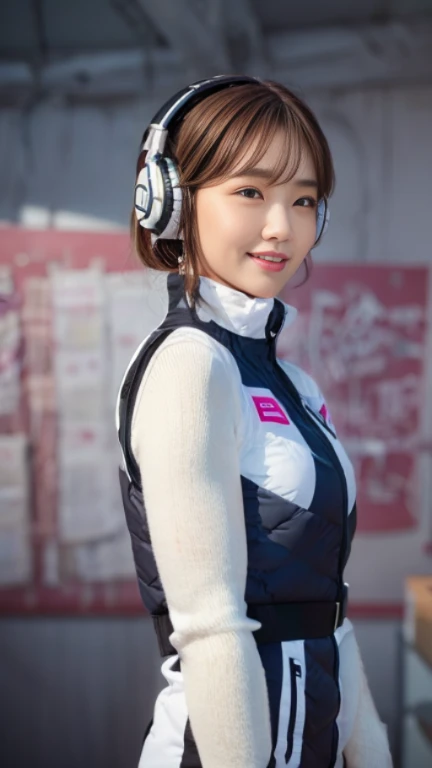 (At S.F.W.), (1 girl:1.3), break, Half Body Shot, Japanese, 17 year old supermodel, high school girl, (From the side), (highest quality:1.4), 32k resolution, (Realistic:1.5), (超Realistic:1.5), High resolution 32k UHD, (masterpiece:1.2)), (Improvement of quality:1.4), (Very beautiful facial details), (highest qualityのリアルな質感の肌:1.4), (Perfect Anatomy:1.2), (Are standing:1.37), break, , ((astrovest:1.5)), ((headphone:1.15)), break, Do not emphasize the top of the bust, ((In a classroom shining in pink:1.15)), Accurate Fingers, Very detailed, Symmetrical eyes, ((View your viewers)),Natural Makeup, ((A good eye for quality:1.2)), (tired, Sleepy and satisfied:0.0), (Beautiful Lips:1.33), (Great nose:1.2), ((Physically Based Rendering of the Background:1.37)), thin:1.2, Flat Chest, (thin lower body), brown hair, (Hairy hair:1.37), Anxious face, Gentle light illuminates your face and body, Professional Cinema Lighting,(black sleeves):2,(black long sleeves):2,(astrovest):2,smile,inside spacecraft