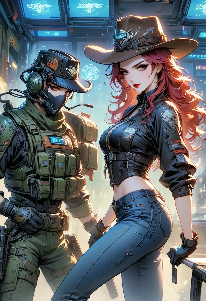 masterpiece, pale skin, red lips, light eyes, eye shadow, Frontal photo of a red-haired beauty with medium curly hair standing in the Star Tavern，Cyberpunk cowboy in interstellar tavern，Futuristic starry sky background，Alien Technology，Mechanical Cowboy，Wearing a red and black mechanical suit, Mafia style mechanical suit, 她 is also wearing a hat, Jeans and high heels, Very detailed body, Alien Technology in detail, chiaroscuro, Natural light, Very detailed, 她 and the car focus on images