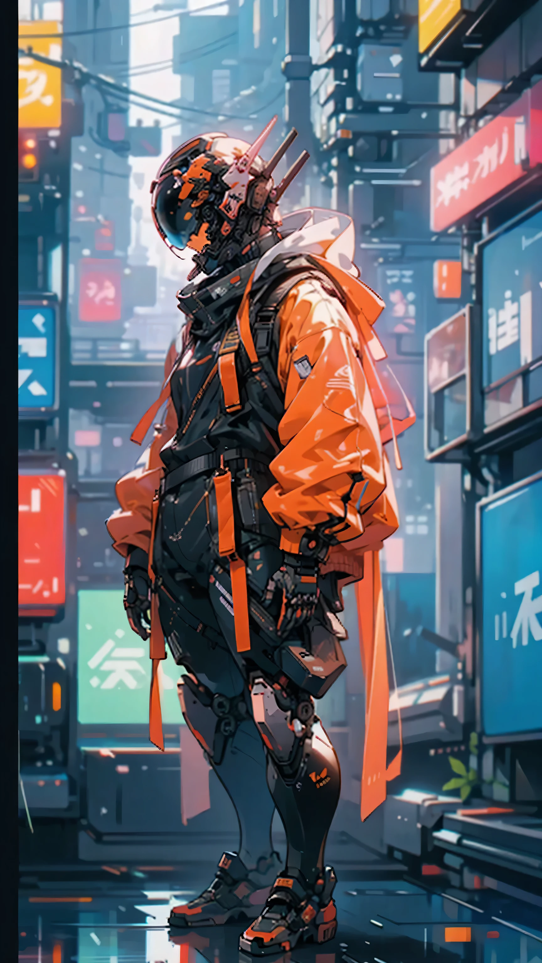 Robot,wearing cyberpunk helmet, techwear, standing in a urban alley, (full body view) , high angle view, {Close-Up},{Detail},{Focus},{close-up-shot},{close-up-photo},{close-up-picture},{zoom},{Magnification},{high-resolution},{high-res},{close-up-photograph},{detailed- image}