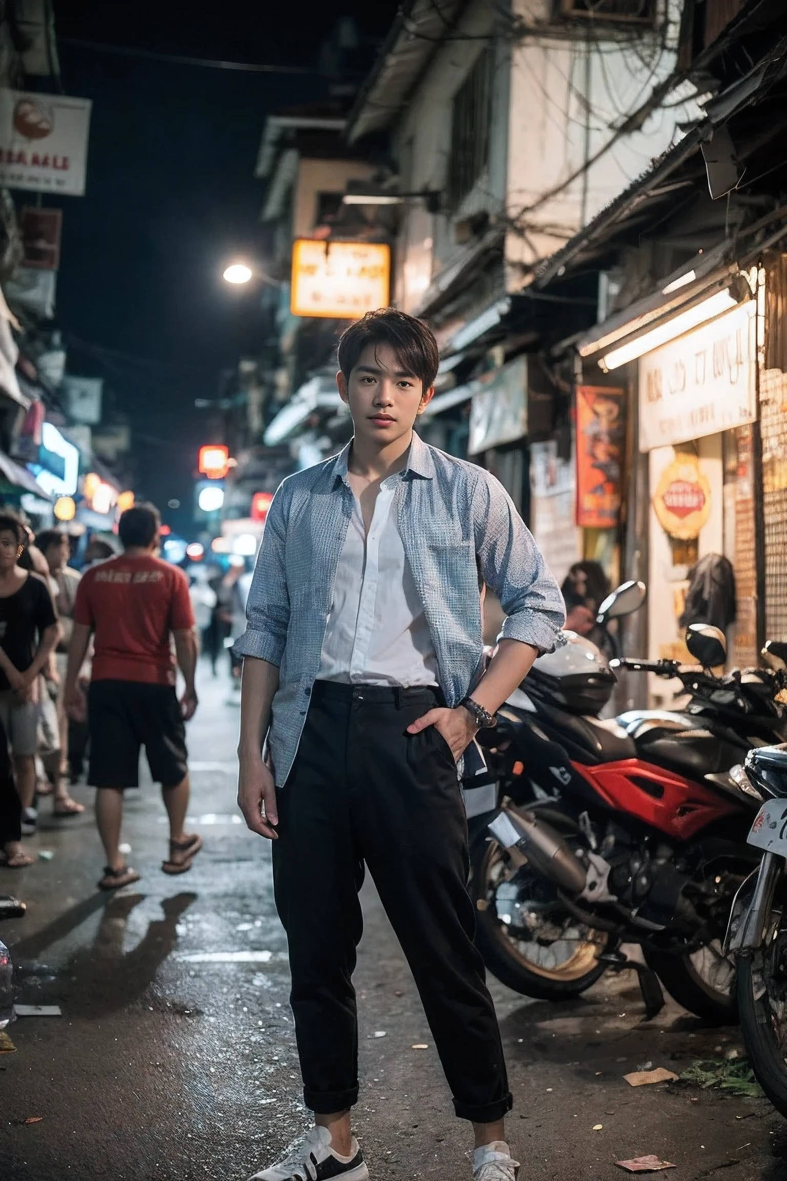 Real, raw, photo, Realistic photography ,handsome thai men , night ,bangkok slum street ,rating_save
